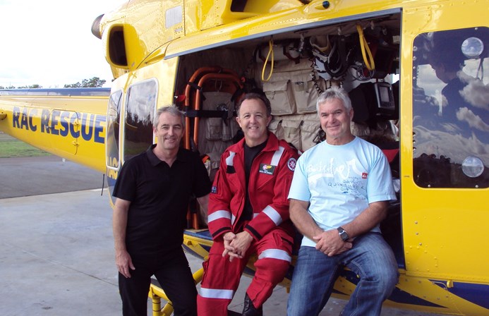Pilot Andrew Greenall, Critical Care Paramedic Paul Davies and Aircrew Officer George Casey pictured with the Jandakot helicopter in 2014. Andrew and Paul are still flying with the service today.