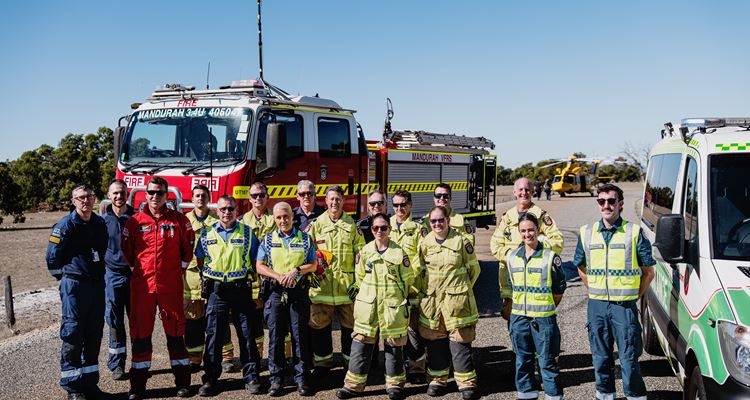 The RAC Rescue flight crew, firefighters, police and paramedics involved in the filming of the new road crash rescue video.