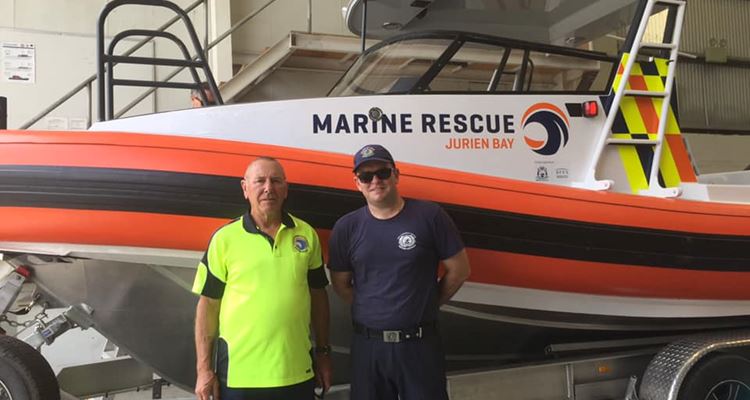 Marine Rescue Jurien Bay deputy commander Wayne Harston and DFES Mid West Gascoyne marine district manager Simon Miller. Credit MR Jurien Bay