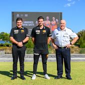 Perth Scorchers General Manager Justin Michael, player Jhye Richardson and Fire and Emergency Services Commissioner Darren Klemm AFSM.